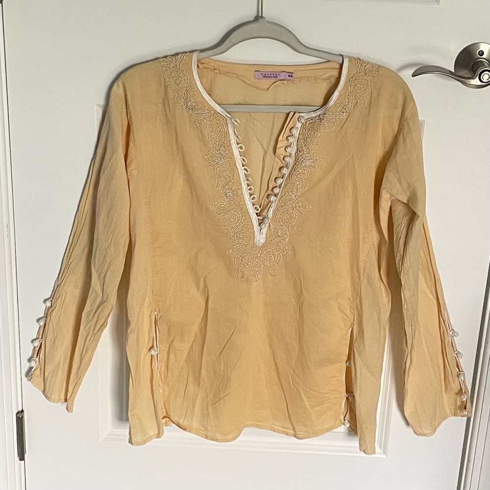 Calypso Women's Silk Embroidered Top Yellow 3/4 Sleeve Size XS - 47479